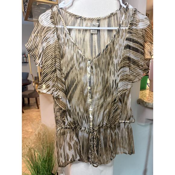 Lucky Brand Women's Ikat Print Lace Up Peplum Top Black Ivory Size S (2-6) - Picture 2 of 5